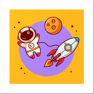 Cute Astronaut Floating With Rocket On Space Cartoon Vector Icon Illustration Posters and Art